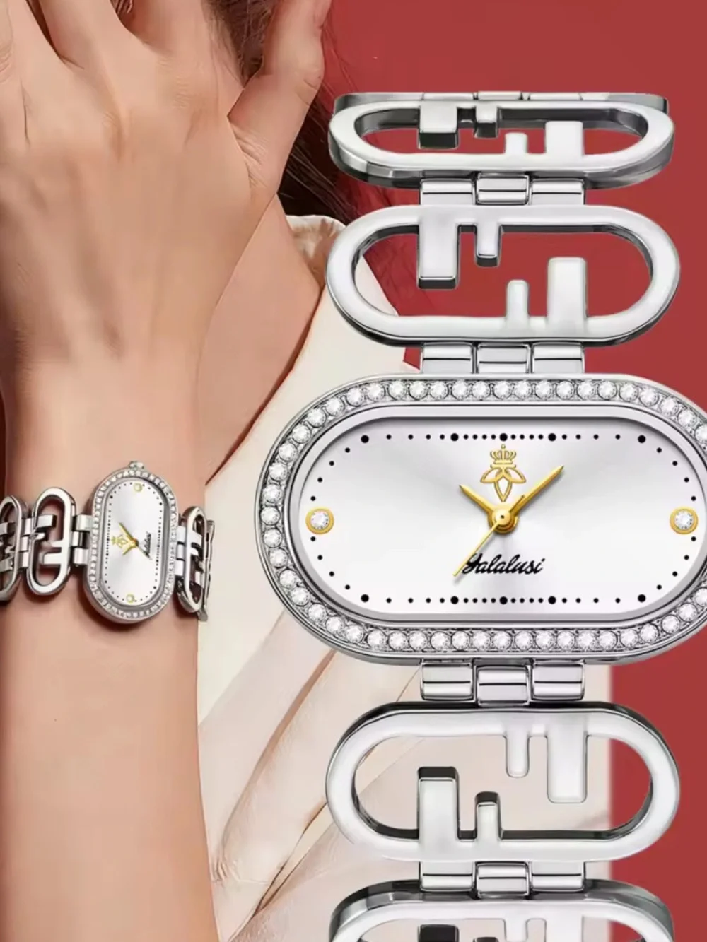 Silver Oval Crystal Bracelet Watch | Elegant Rhinestone Dress Watch for Women